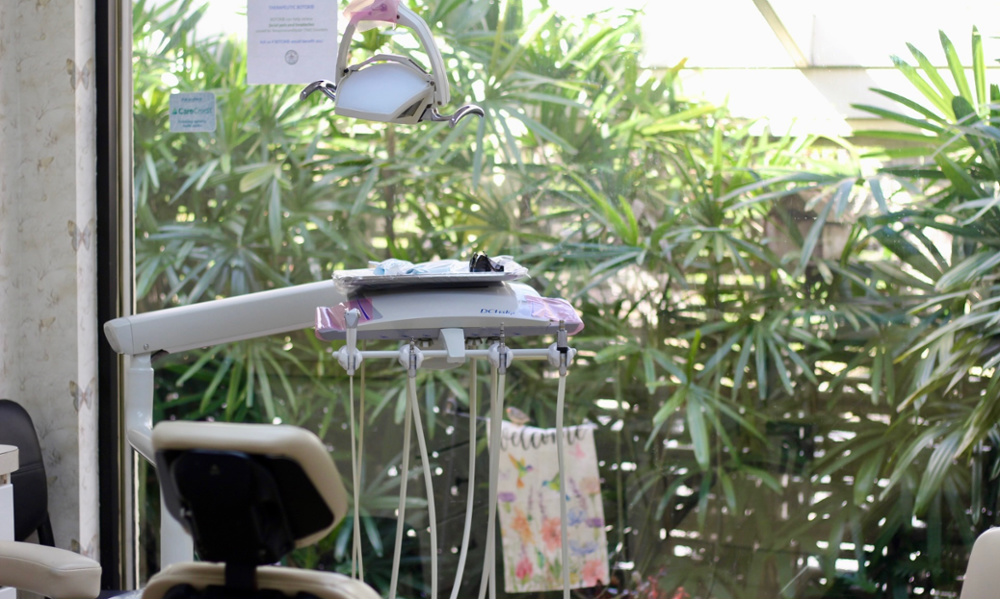 Dental treatment room with overhead light and instrument tray overlooking lush tropical garden view